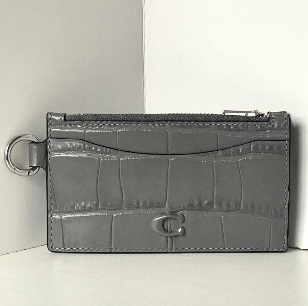 Coach CW433 Zip Card Case Gray Croc Embossed Leather Wallet